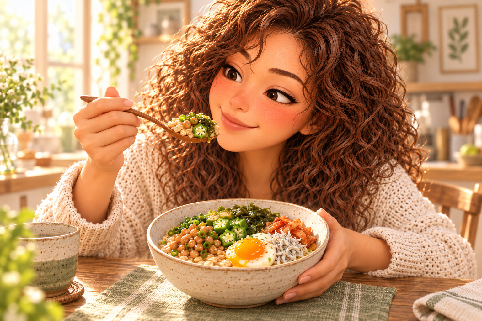 納豆、オクラ、めかぶ、じゃこ、卵をのせたオートミール丼を楽しむカーリーガールのイラスト
