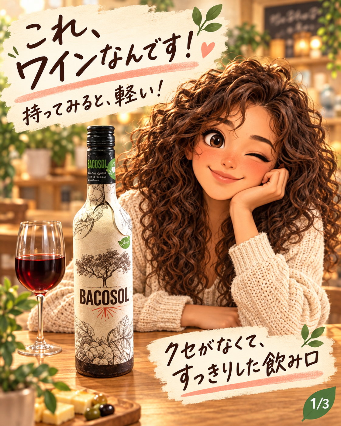 紙ボトルワインBACOSOLを紹介するカーリーガール。軽さとすっきりした飲み口を表したAIイラスト。