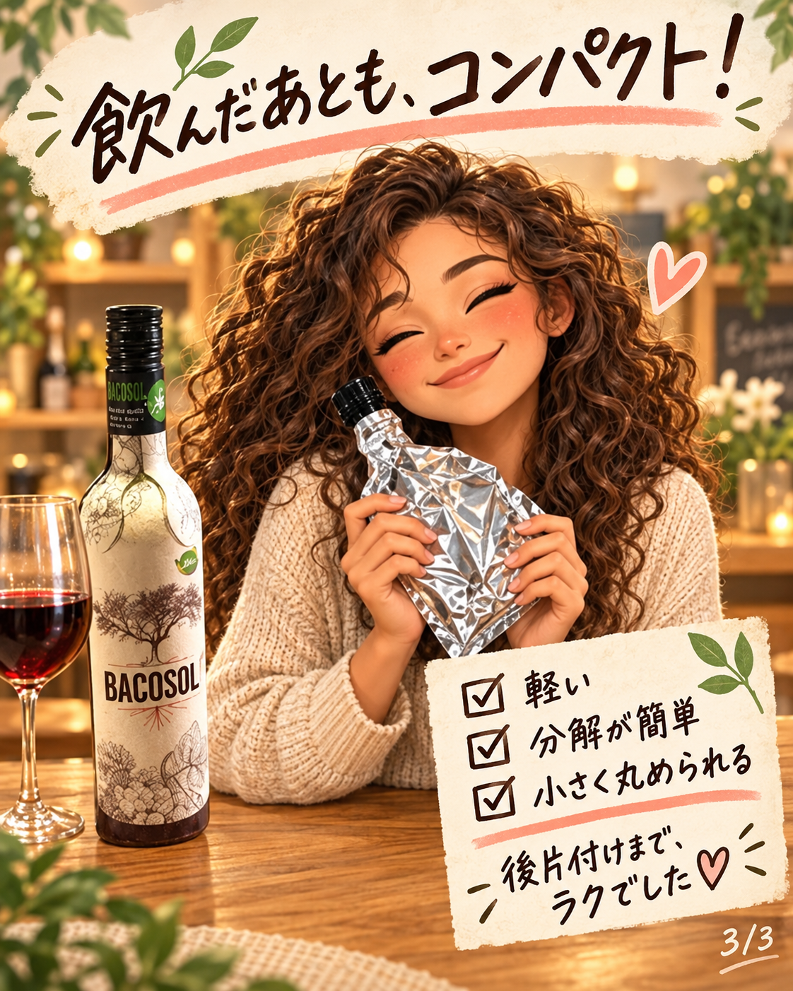 内袋を小さくまとめたカーリーガールのAIイラスト
