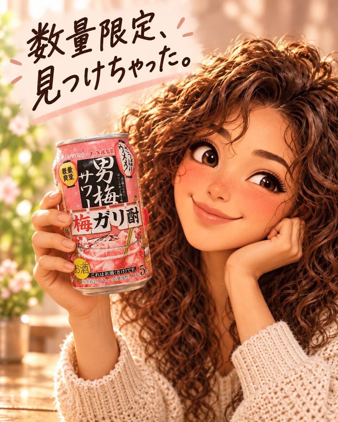 数量限定の男梅サワー「梅ガリ酎」を手にするカーリーガールのイラスト