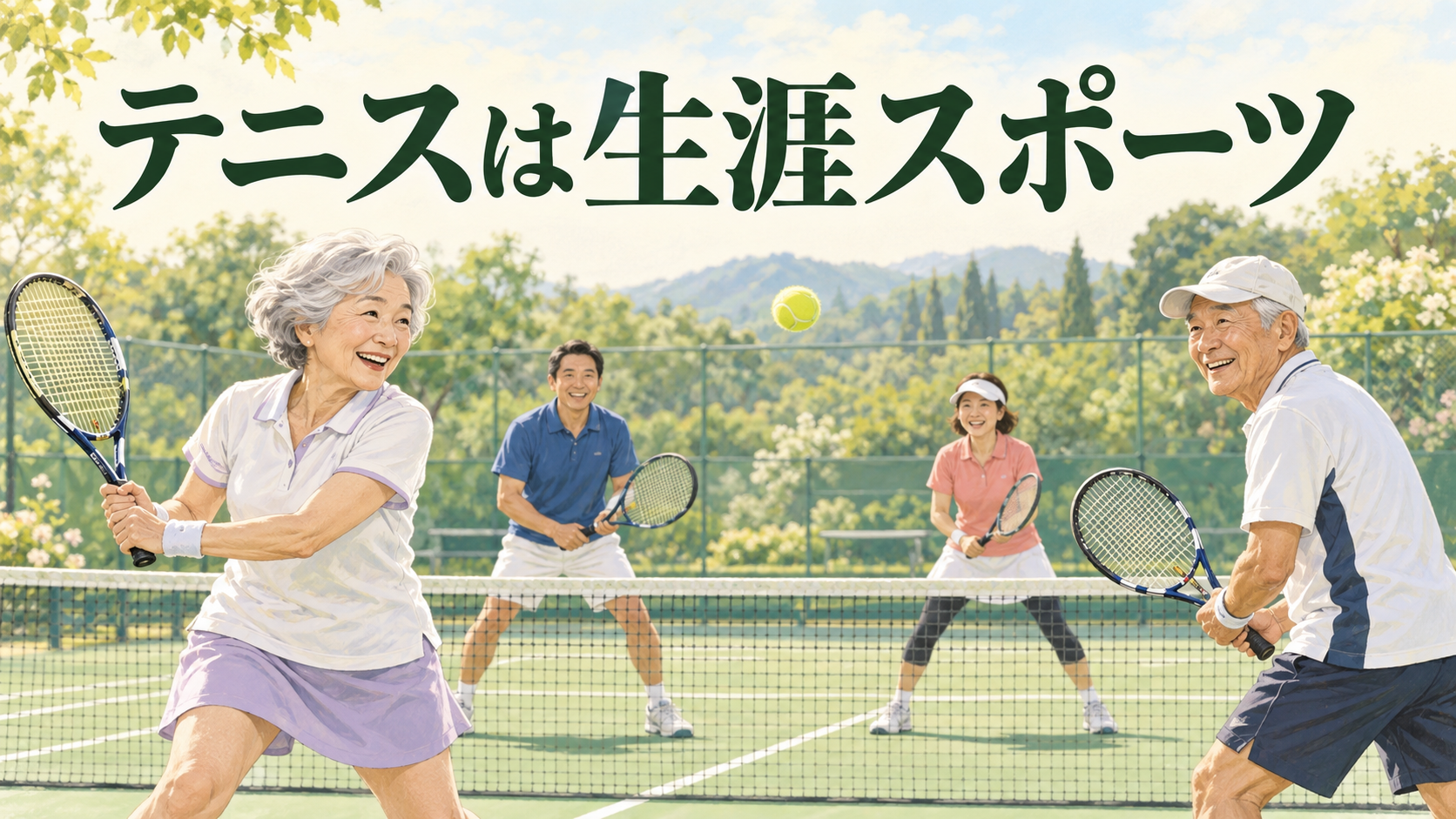 世代の異なる人たちがテニスを楽しむイラスト。テニスは生涯スポーツ