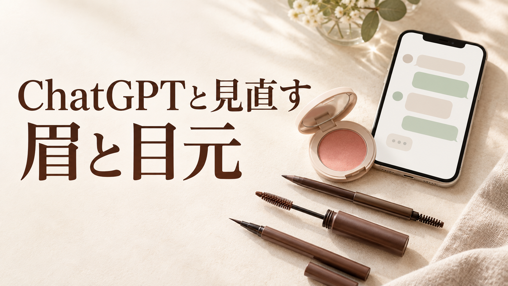 ブラウン系のメイク道具とスマートフォンを並べた、ChatGPTで眉と目元を見直す記事のイメージ