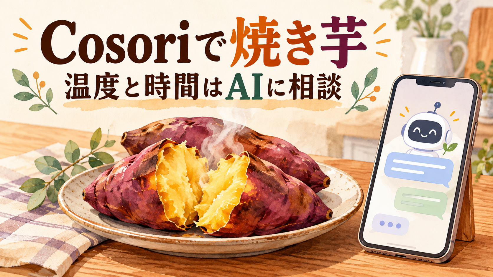 黄金色の焼き芋とAI相談のスマートフォンを描いたイラスト。「Cosoriで焼き芋」「温度と時間はAIに相談」